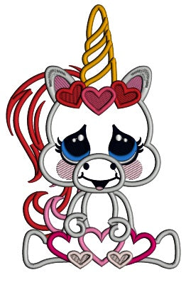 Baby Unicorn With Hearts Valentine's Day Applique Machine Embroidery Design Digitized Pattern