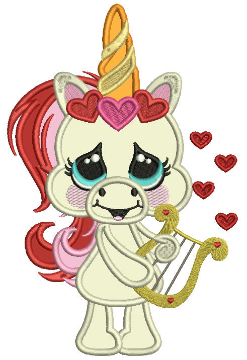 Baby Unicorn With a Harp Valentine's Day Applique Machine Embroidery Design Digitized Pattern