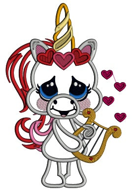 Baby Unicorn With a Harp Valentine's Day Applique Machine Embroidery Design Digitized Pattern