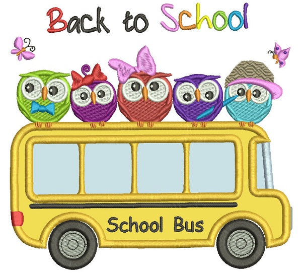 Back To School Bus With Owls Applique Machine Embroidery Design Digitized Pattern