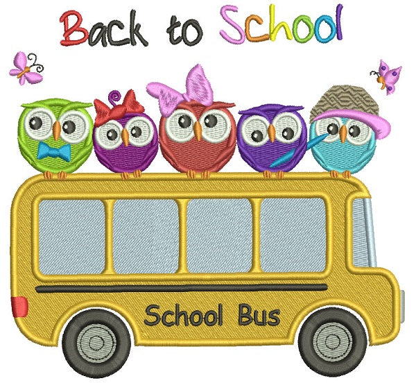 Back To School Bus With Owls Filled Machine Embroidery Design Digitized Pattern