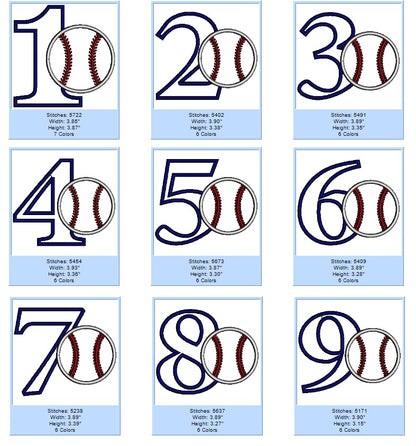 Baseball Birthday Number Set 1-9 Sports Applique Machine Embroidery Digitized Design Pattern