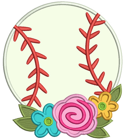 Baseball With Beautiful Flowers Applique Machine Embroidery Design Digitized Pattern