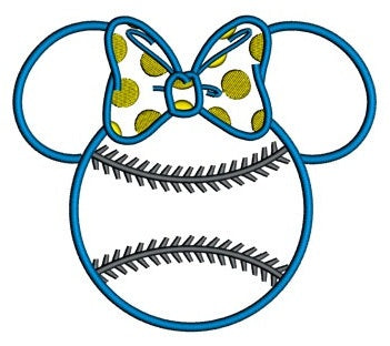 Baseball with bow what looks like Minnie Mouse Ears Applique Machine Embroidery Digitized Pattern- Instant Download - 4x4 ,5x7,6x10 -hoops