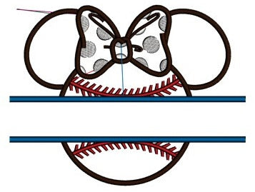 Baseball with bow what looks like Minnie Mouse Ears Applique Split Machine Embroidery Digitized Pattern- Instant Download - 4x4 ,5x7,6x10