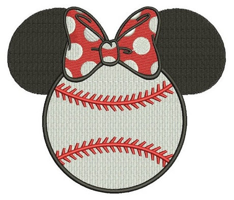 Baseball with bow what looks like Minnie Mouse Ears Filled Machine Embroidery Digitized Pattern- Instant Download - 4x4 ,5x7,6x10 -hoops