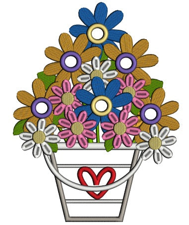 Basket With Flowers And Heart Applique Machine Embroidery Digitized Design Pattern