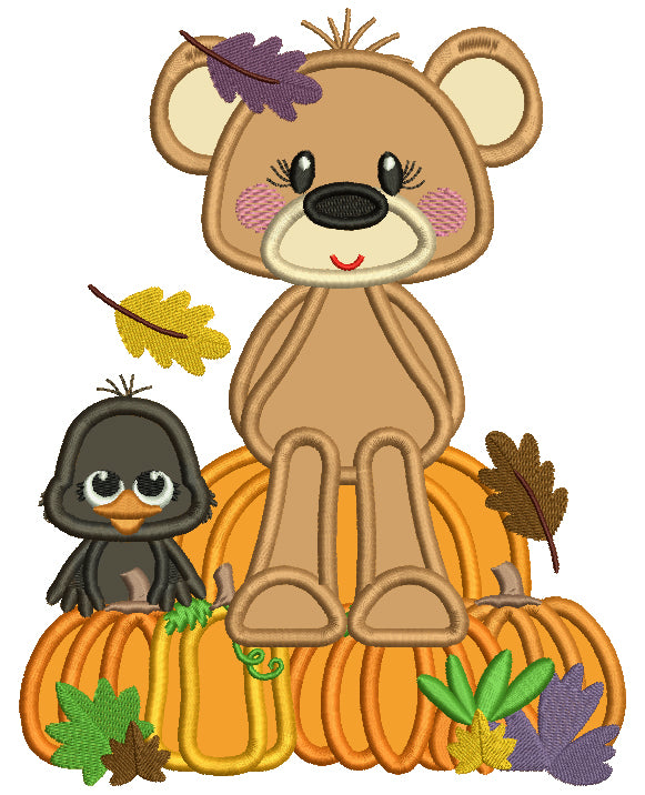 Bear And a Crow Sitting On Pumpkins Thanksgiving Applique Machine Embroidery Design Digitized Pattern