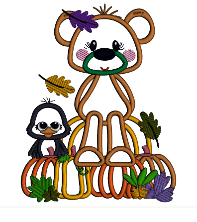 Bear And a Crow Sitting On Pumpkins Thanksgiving Applique Machine Embroidery Design Digitized Pattern