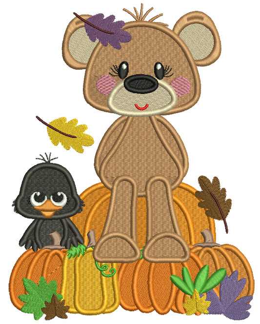 Bear And a Crow Sitting On Pumpkins Thanksgiving Filled Machine Embroidery Design Digitized Pattern
