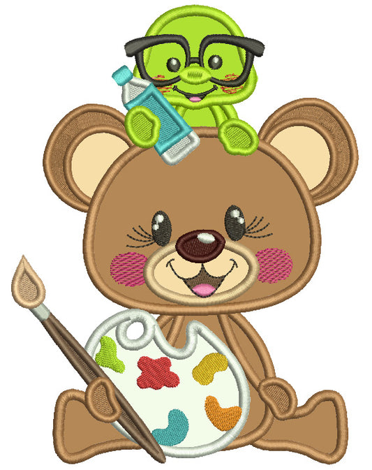 Bear Artists With a Warm Holding a Bottle Applique Machine Embroidery Design Digitized Pattern