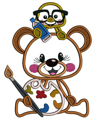 Bear Artists With a Warm Holding a Bottle Applique Machine Embroidery Design Digitized Pattern