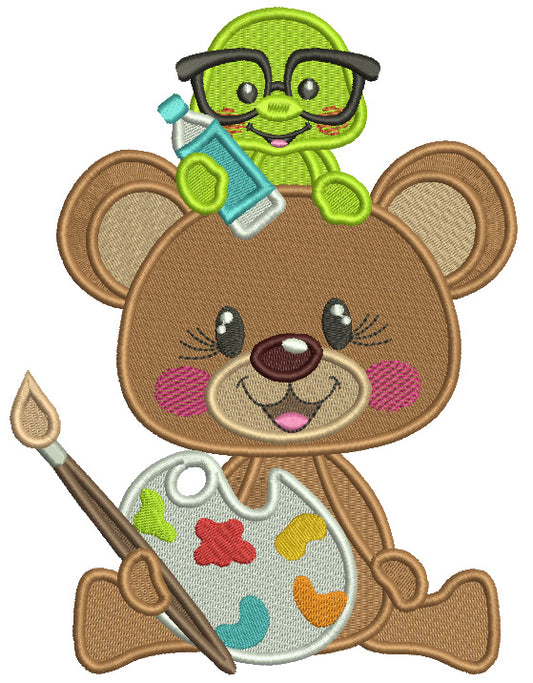 Bear Artists With a Warm Holding a Bottle Filled Machine Embroidery Design Digitized Pattern