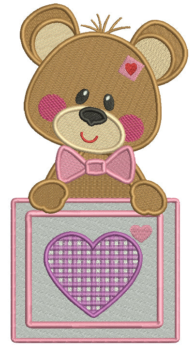 Bear Behind a Box With The Heart Filled Valentine's Day Machine Embroidery Design Digitized Pattern