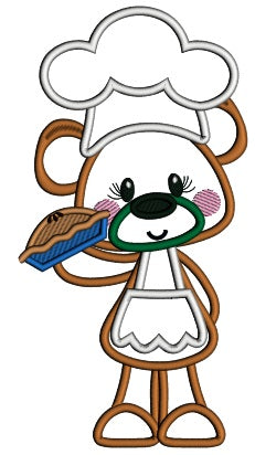 Bear Cook Holding a Pie Applique Machine Embroidery Digitized Design Pattern