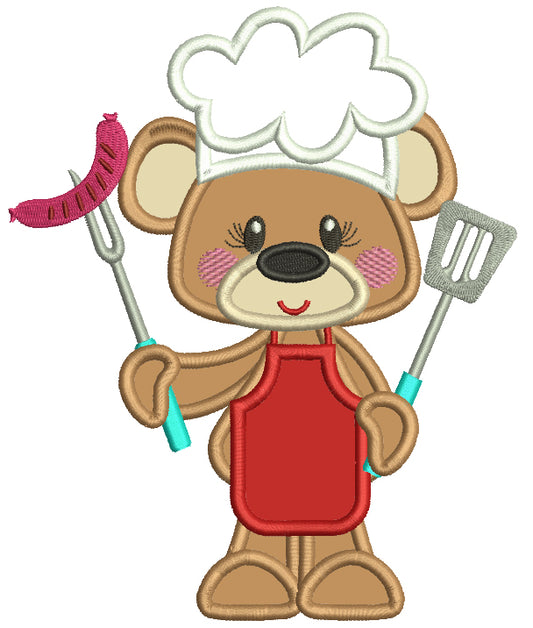Bear Cook Holding a Sausage Applique Machine Embroidery Design Digitized Pattern