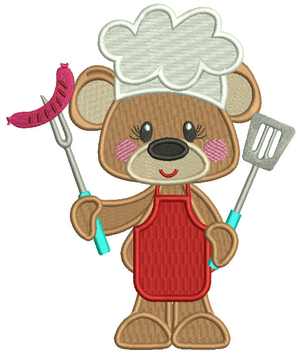 Bear Cook Holding a Sausage Filled Machine Embroidery Design Digitized Pattern