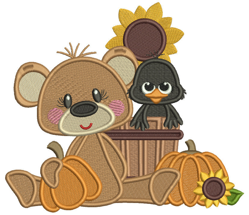 Bear Crow Pumpkins And Sunflower Filled Machine Embroidery Design Digi 