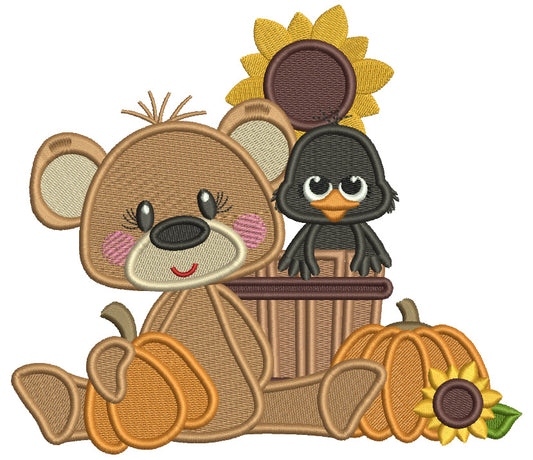 Bear Crow Pumpkins And Sunflower Filled Machine Embroidery Design Digitized Pattern