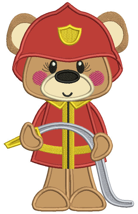 Bear Firefighter Holding a Hose Applique Machine Embroidery Design Digitized Pattern