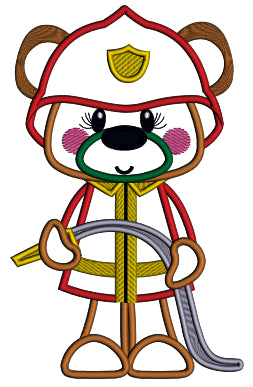 Bear Firefighter Holding a Hose Applique Machine Embroidery Design Digitized Pattern