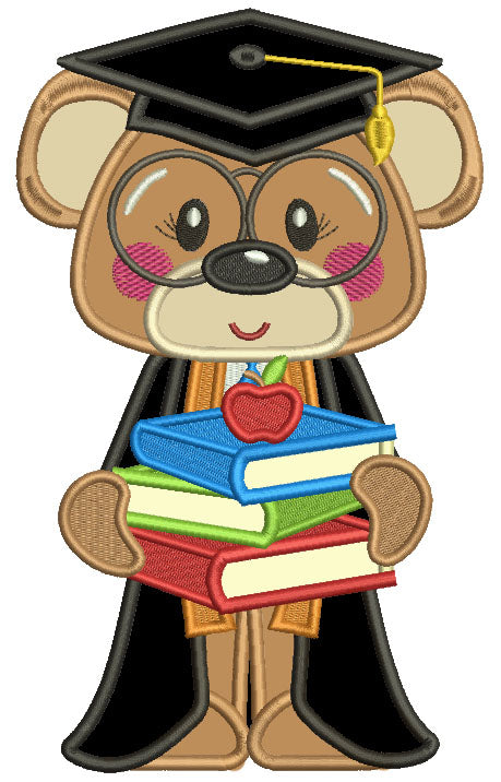 Bear Graduate Holding Books School Applique Machine Embroidery Design Digitized Pattern