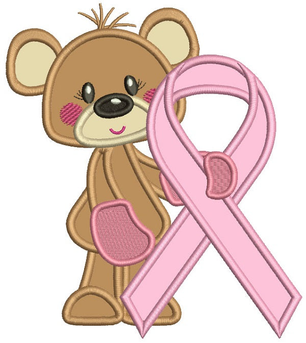Bear Holding Breast Cancer Awareness Ribbon Applique Machine Embroidery Design Digitized Pattern