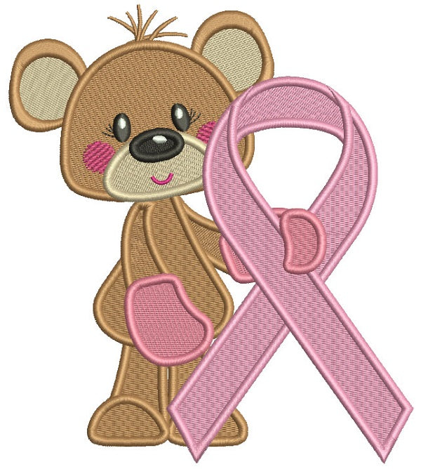 Bear Holding Breast Cancer Awareness Ribbon Filled Machine Embroidery Design Digitized Pattern