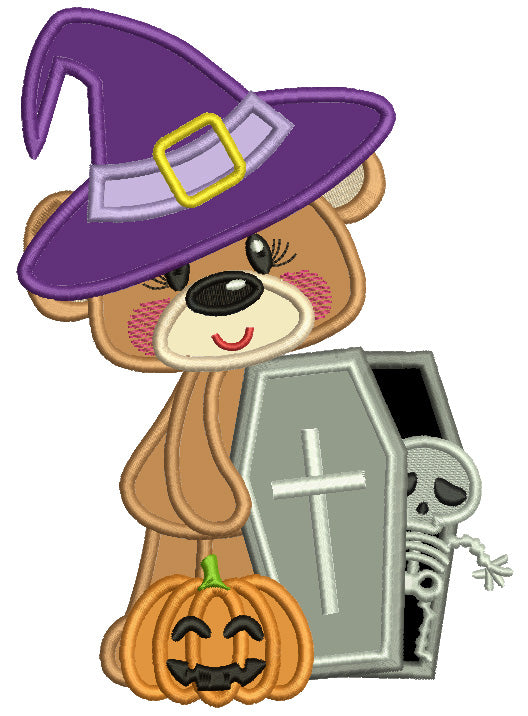 Bear Holding Coffin With Skeleton Halloween Applique Machine Embroidery Design Digitized Pattern