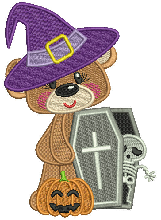 Bear Holding Coffin With Skeleton Halloween Filled Machine Embroidery Design Digitized Pattern