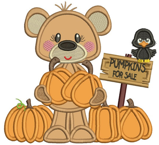 Bear Holding Two Pumpkins And For Sale Sign Thanksgiving Applique Machine Embroidery Design Digitized Pattern