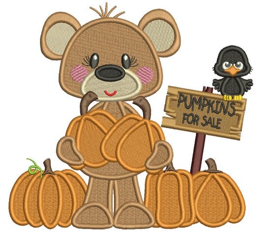 Bear Holding Two Pumpkins And For Sale Sign Thanksgiving Filled Machine Embroidery Design Digitized Pattern