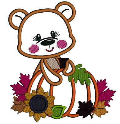 Bear Holding a Big Pumpkin With Leaves Thanksgiving Applique Machine Embroidery Design Digitized Pattern
