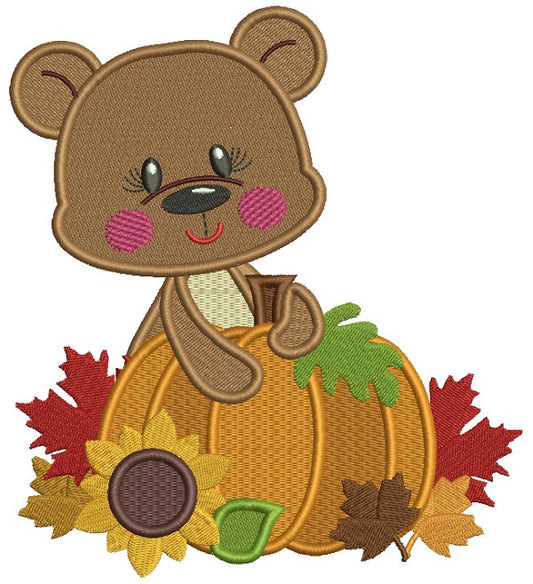 Bear Holding a Big Pumpkin With Leaves Thanksgiving Filled Machine Embroidery Design Digitized Pattern