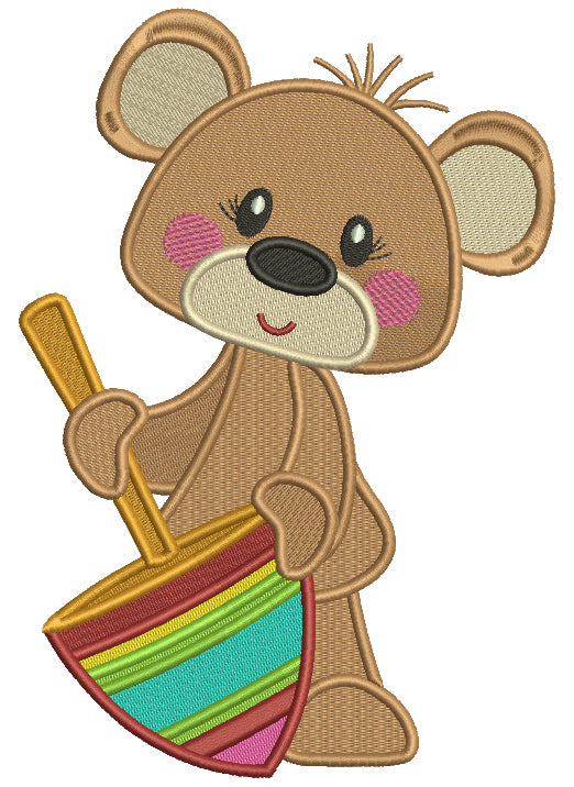 Bear Holding a Big Spinning Top Toy Filled Machine Embroidery Design Digitized Pattern