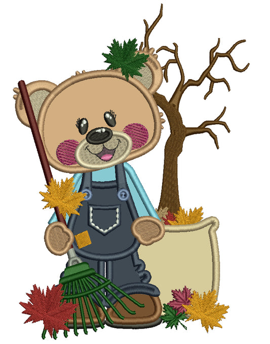 Bear Holding a Rake Gathering Fall Leaves Thanksgiving Applique Machine Embroidery Design Digitized Pattern
