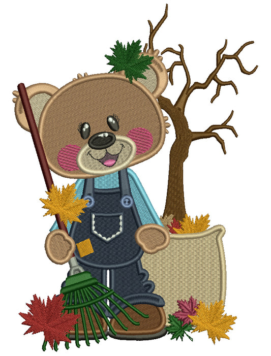 Bear Holding a Rake Gathering Fall Leaves Thanksgiving Filled Machine Embroidery Design Digitized Pattern
