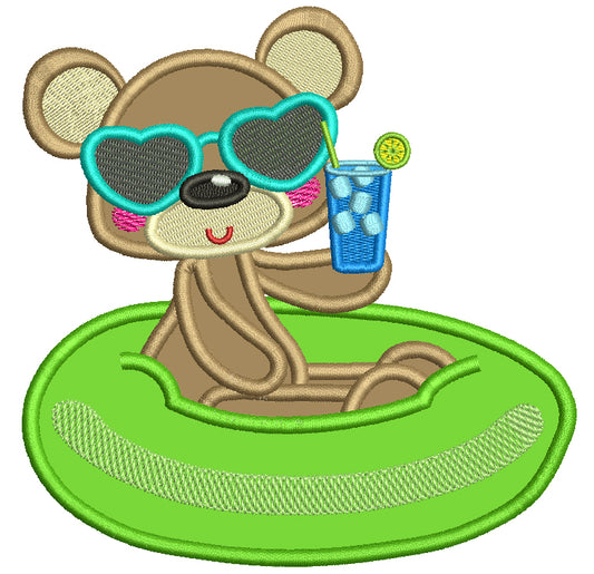 Bear In The Swimming Pool Floaty Summer Applique Machine Embroidery Design Digitized Pattern