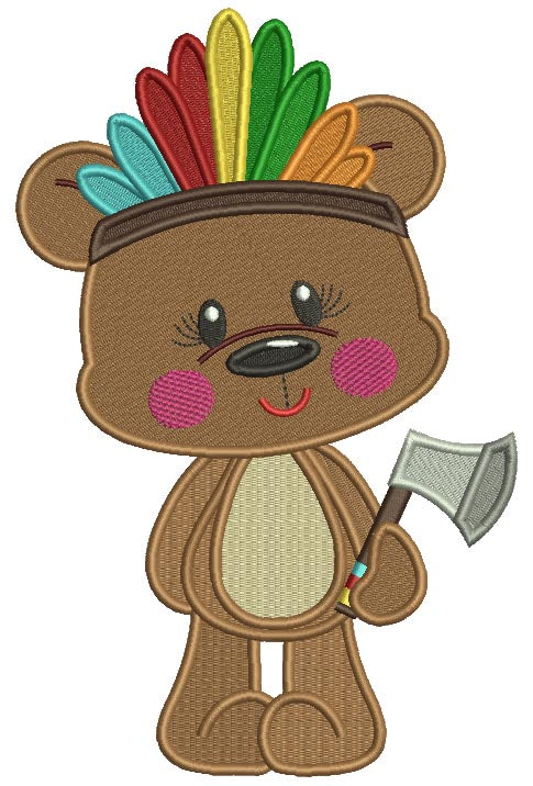 Bear Indian With a Tomahawk Thanksgiving Filled Machine Embroidery Design Digitized Pattern