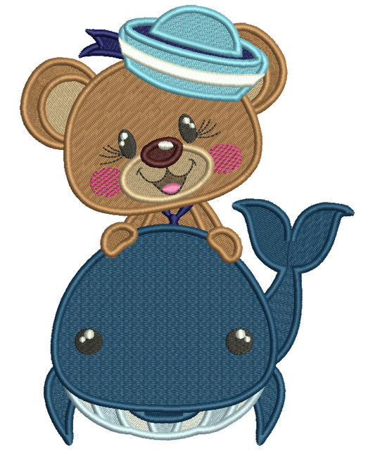 Bear Sailor And a Whale Filled Machine Embroidery Design Digitized Pattern