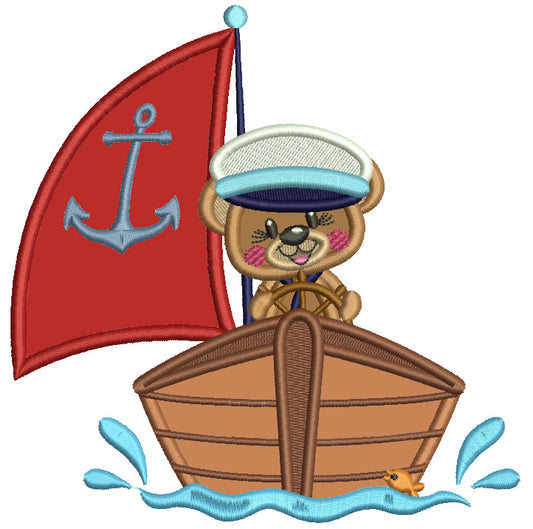 Bear Sailor On The Boat WIth Anchor Applique Machine Embroidery Design Digitized Pattern