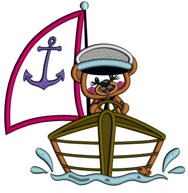 Bear Sailor On The Boat WIth Anchor Applique Machine Embroidery Design Digitized Pattern