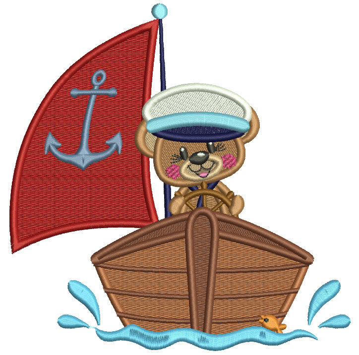 Bear Sailor On The Boat WIth Anchor Filled Machine Embroidery Design Digitized Pattern