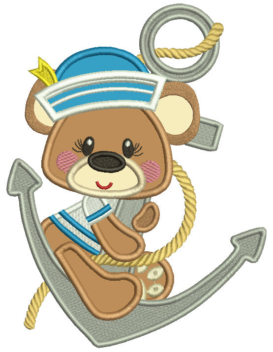 Bear Sailor Sitting On The Boat Anchor Applique Machine Embroidery Des ...