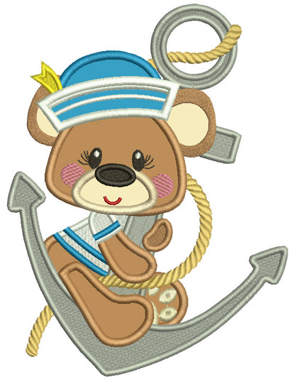 Bear Sailor Sitting On The Boat Anchor Applique Machine Embroidery Design Digitized Pattern
