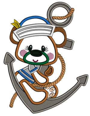 Bear Sailor Sitting On The Boat Anchor Applique Machine Embroidery Design Digitized Pattern