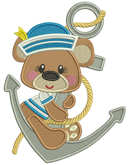Bear Sailor Sitting On The Boat Anchor Filled Machine Embroidery Design Digitized Pattern