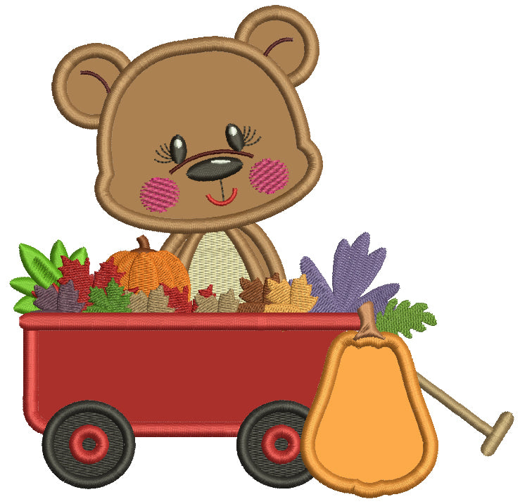 Bear Sitting Inside A Wagon With Pumpkins And Leaves Thanksgiving Applique Machine Embroidery Design Digitized Pattern