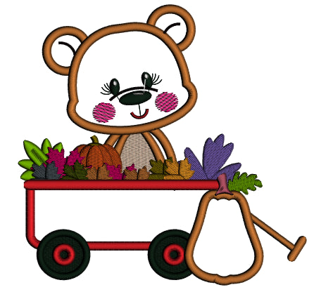 Bear Sitting Inside A Wagon With Pumpkins And Leaves Thanksgiving Applique Machine Embroidery Design Digitized Pattern