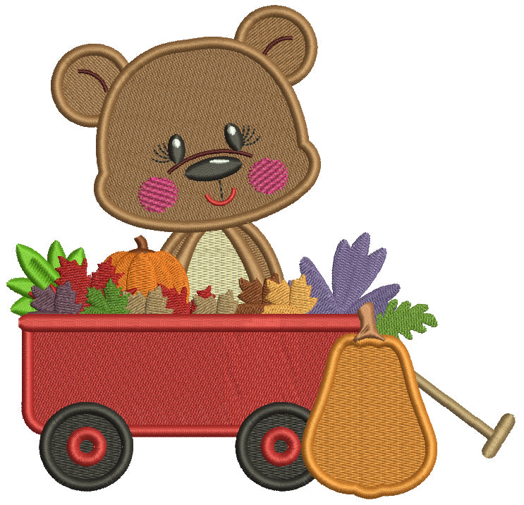 Bear Sitting Inside A Wagon With Pumpkins And Leaves Thanksgiving Filled Machine Embroidery Design Digitized Pattern
